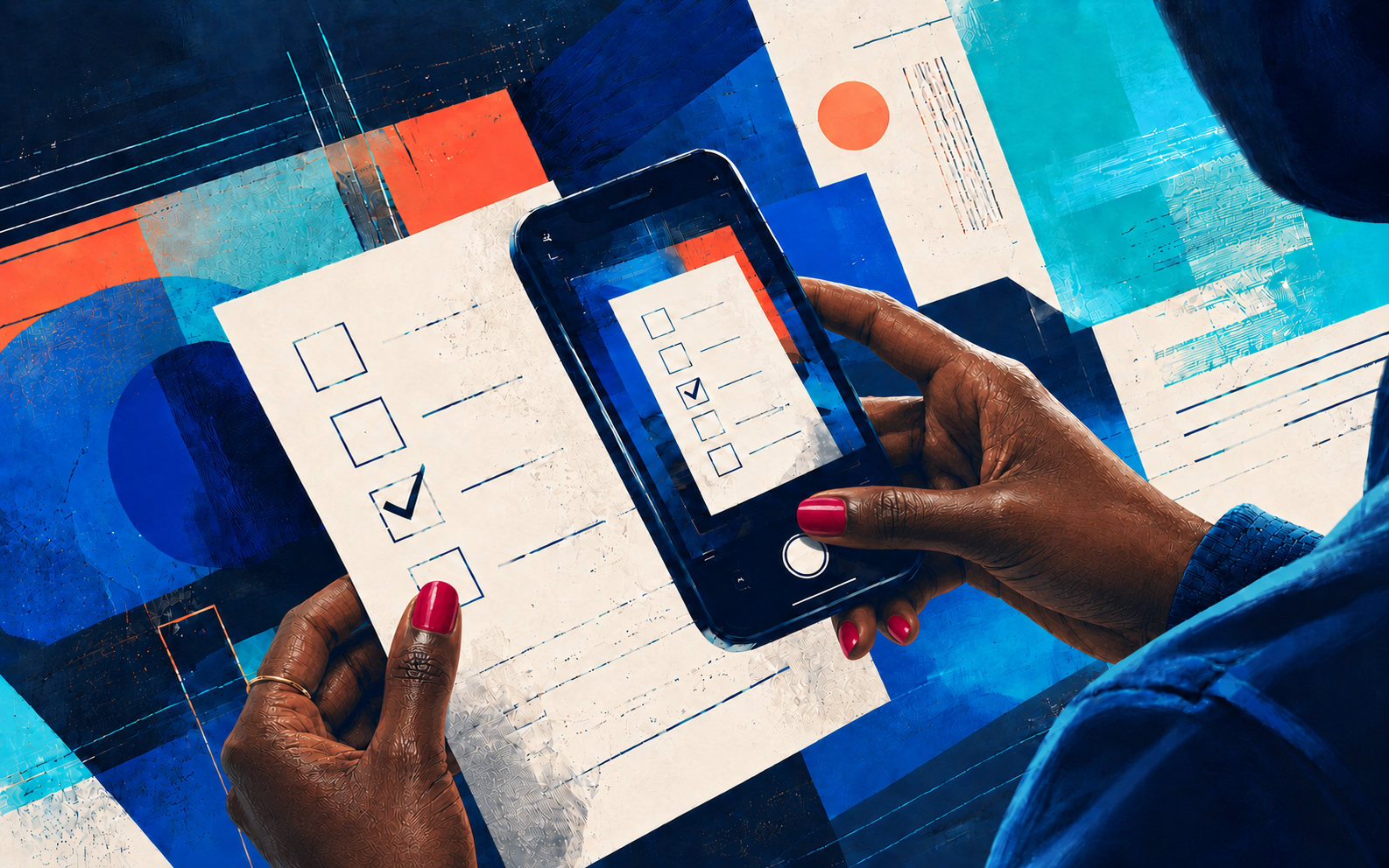 Illustration of a Black woman using her phone to photograph her completed ballot.